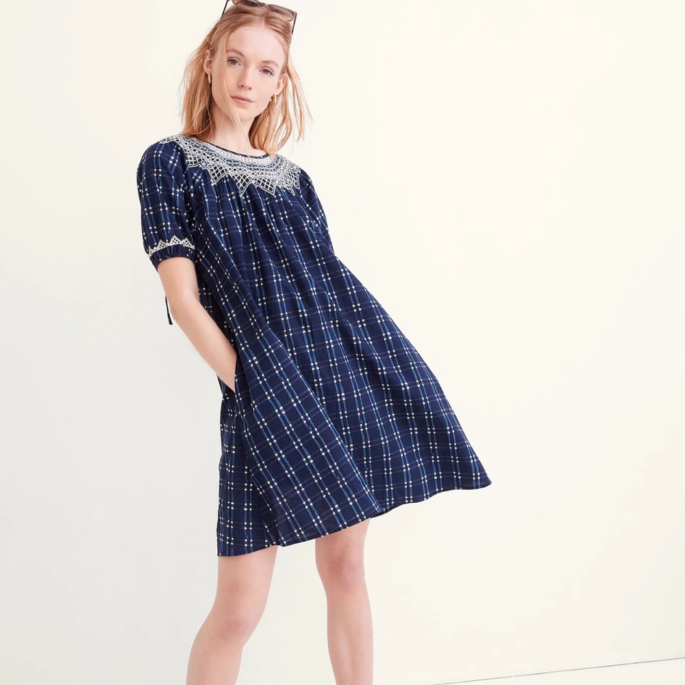 Madewell Embroidered Puff-Sleeve Babydoll Dress in Indigo Plaid Size M